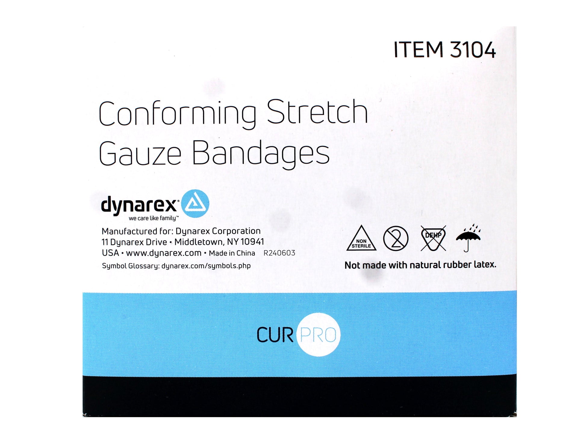 Box of dynarex conforming stretch gauze bandages on a white background

