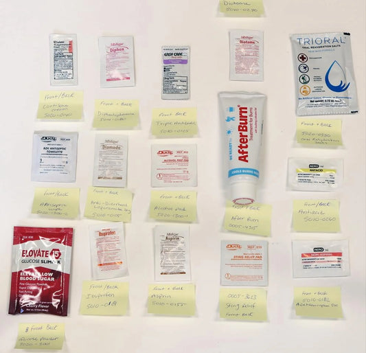 Collection of medical supplies with labels on a white background

