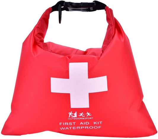 Red waterproof first aid kit dry bag with a white cross symbol on a white background

