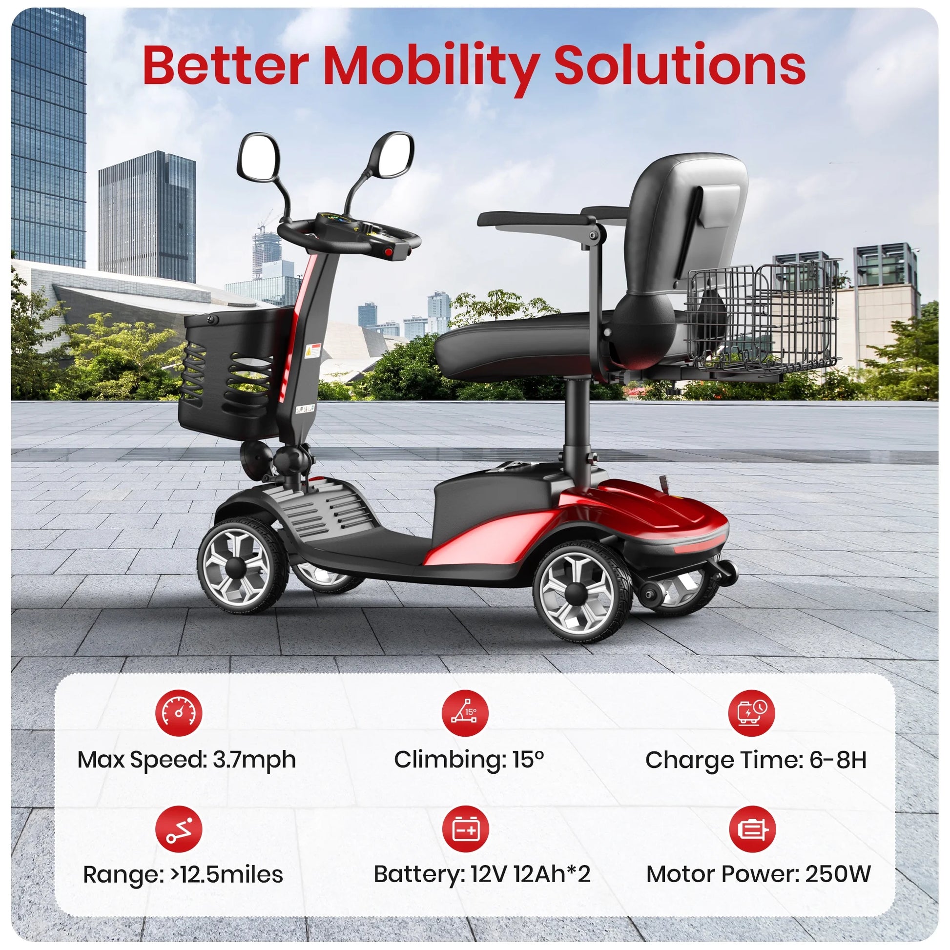 Mobility scooter with cityscape background and feature details on a gray surface