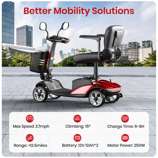 Mobility scooter with cityscape background and feature details on a gray surface