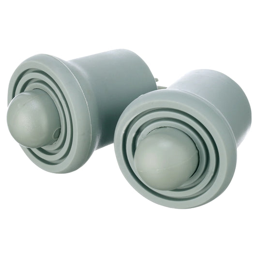 Two gray rubber door stoppers on a white background