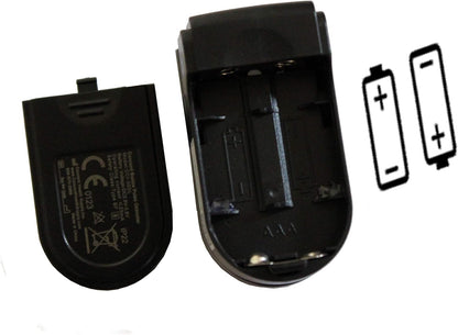 Black battery charger with two batteries on a white background


