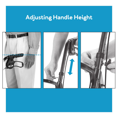 Instructions on how to adjust the handle height of a mobility device.

