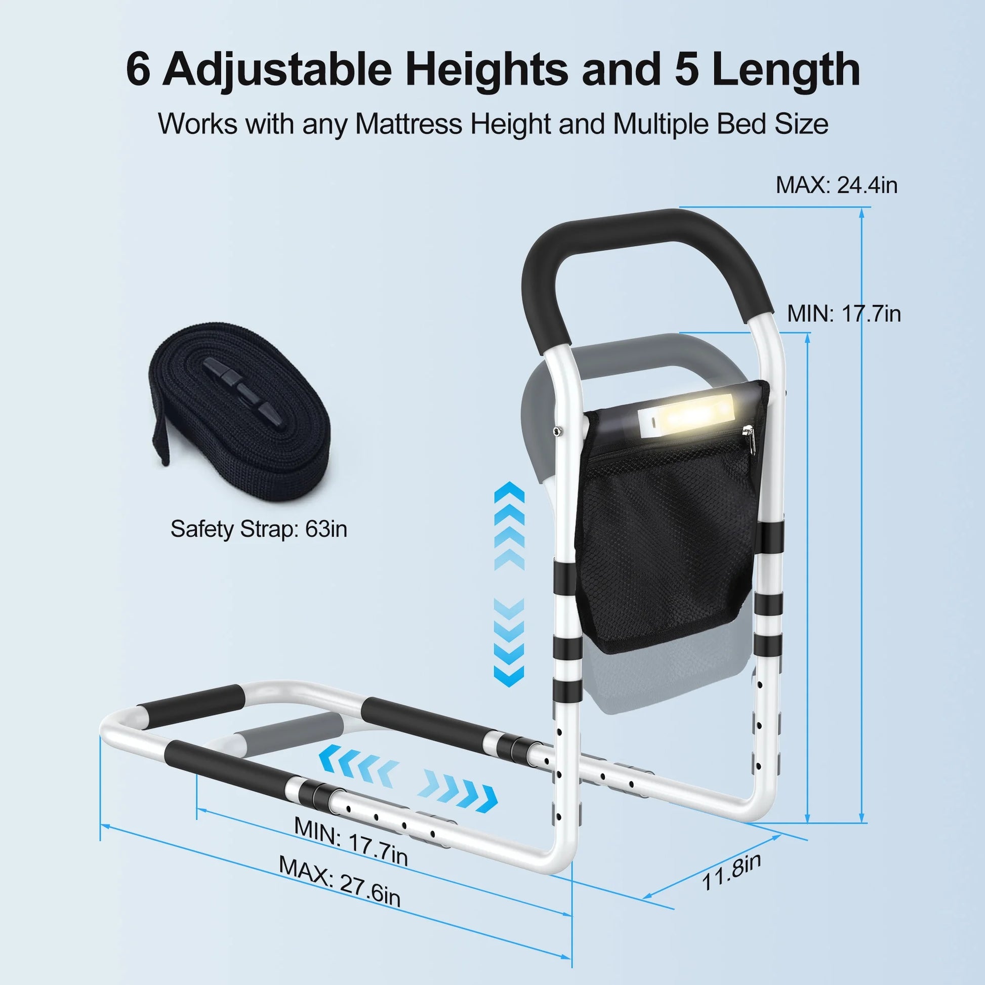 Adjustable bed safety rail with dimensions and features on a light blue background