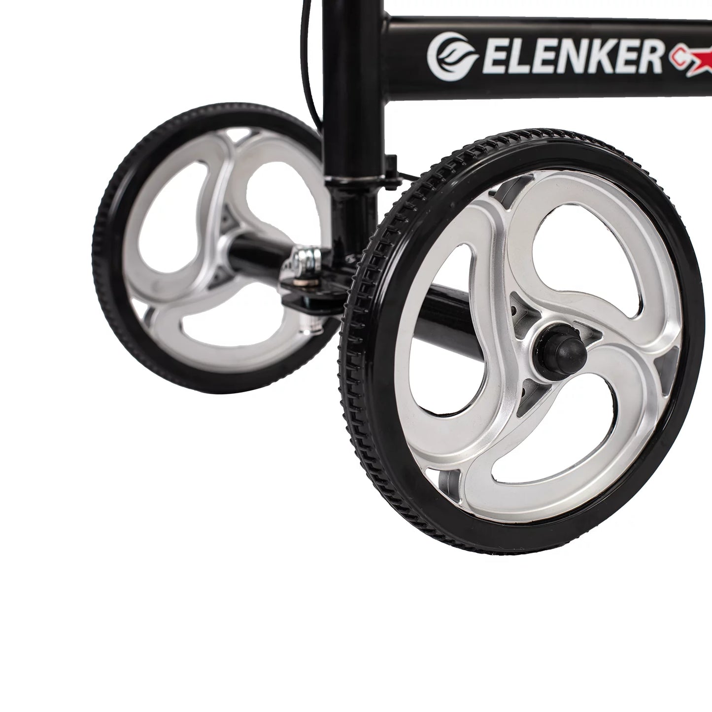 Close-up of a golf trolley with large wheels on a white background, featuring the Elenker brand.

