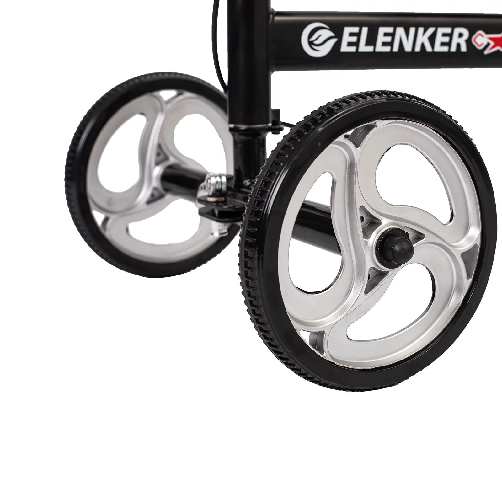Close-up of a golf trolley with large wheels on a white background, featuring the Elenker brand.

