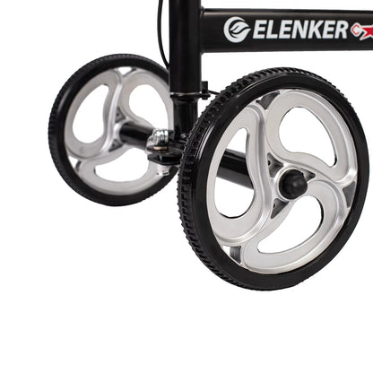 Close-up of a golf trolley with large wheels on a white background, featuring the Elenker brand.

