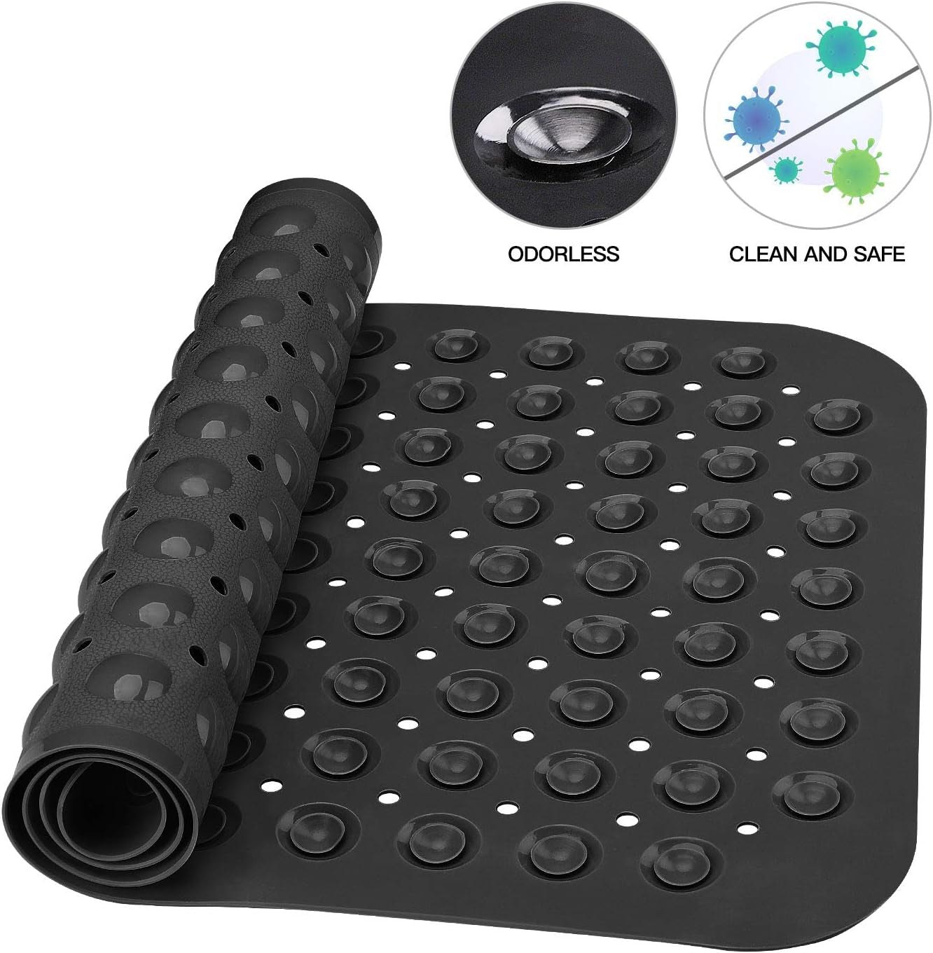 Black rubber mat with textured surface, rolled up, on a white background with icons indicating odorless and clean and safe properties.

