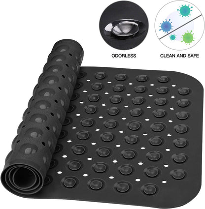 Black rubber mat with textured surface, rolled up, on a white background with icons indicating odorless and clean and safe properties.

