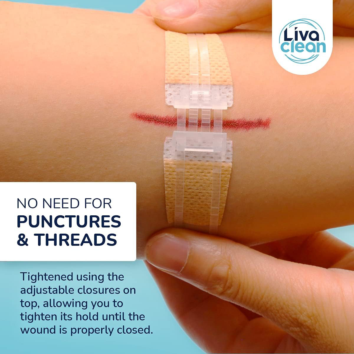 Transparent bandage on a person's wrist with Liva Clean branding, highlighting no need for punctures and threads.

