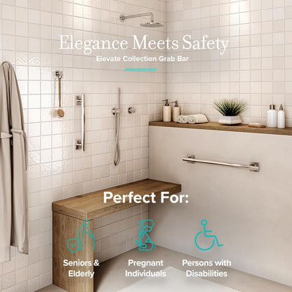 Bathroom with grab bar and wooden bench, featuring text about product use.