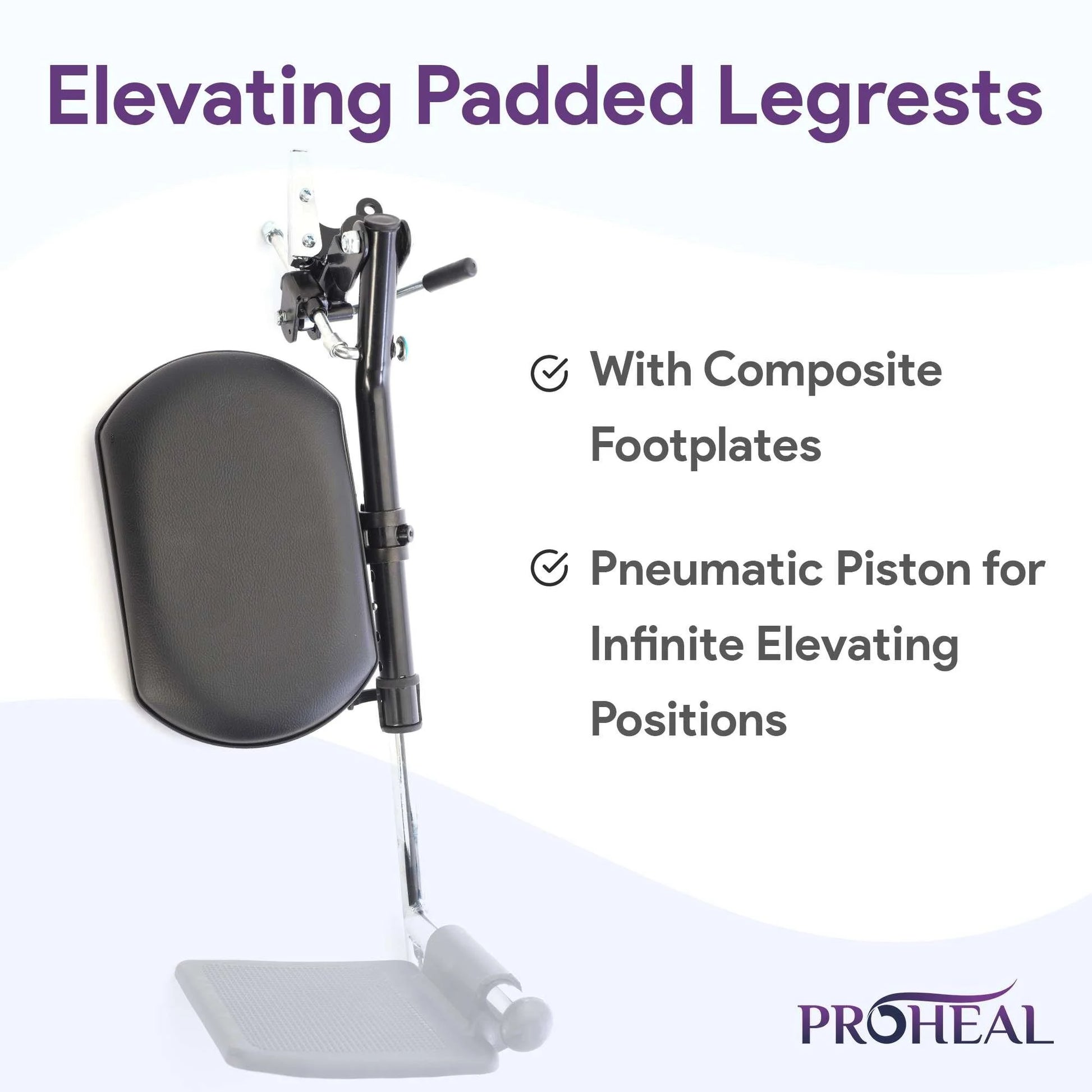 Elevating padded legrest with composite footplates and pneumatic piston on a white background, featuring ProHeal branding.

