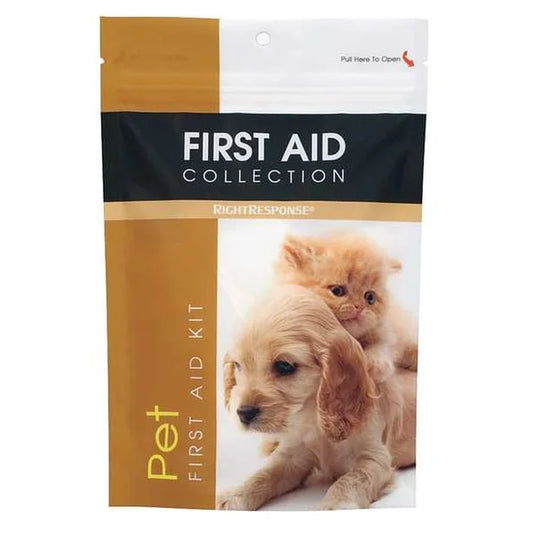 Pet first aid kit packaging with a puppy and kitten on a white background