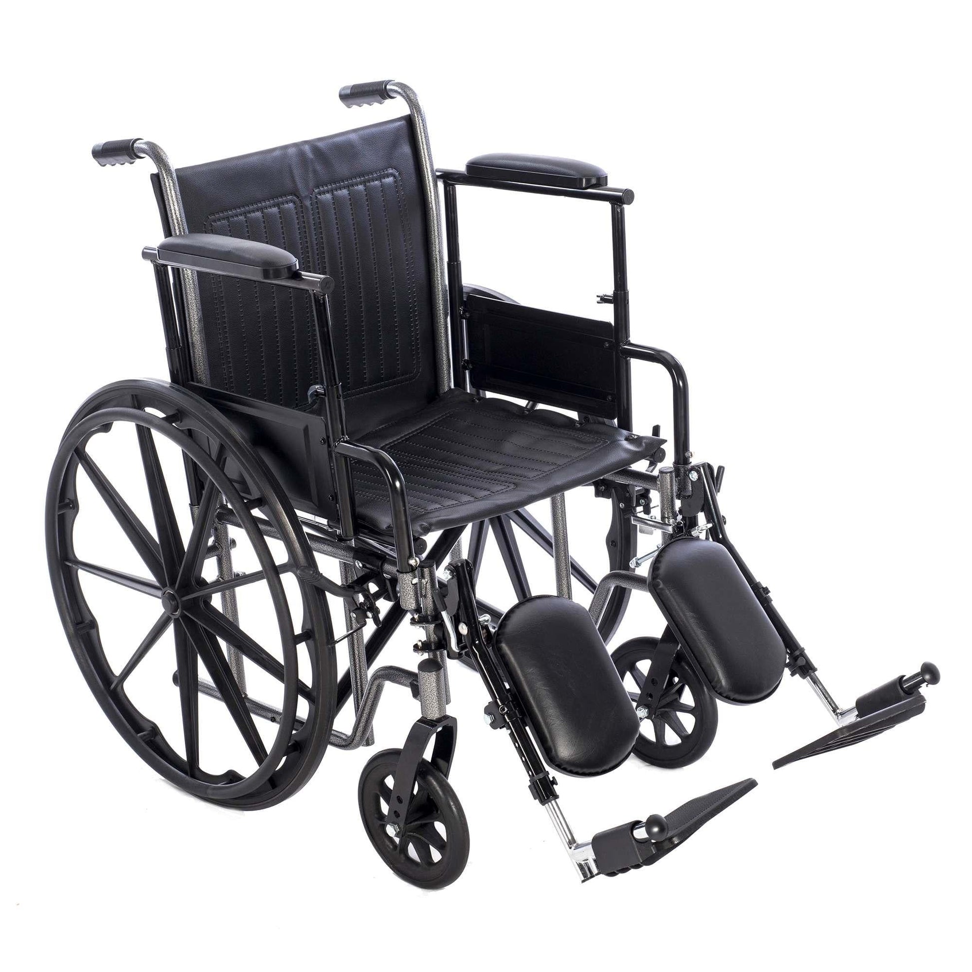 Black wheelchair with armrests and footrests on a white background

