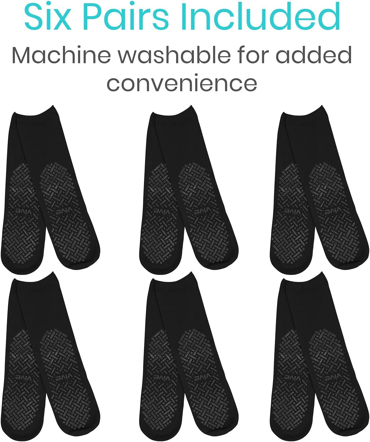 Six pairs of black socks with text indicating machine washability on a white background