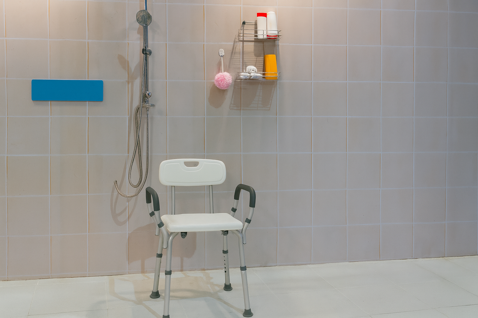 White shower chair with gray legs in a tiled bathroom