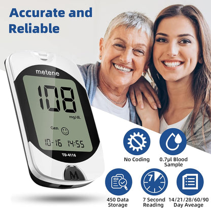 Metene blood glucose monitor with a woman and elderly person on a white background