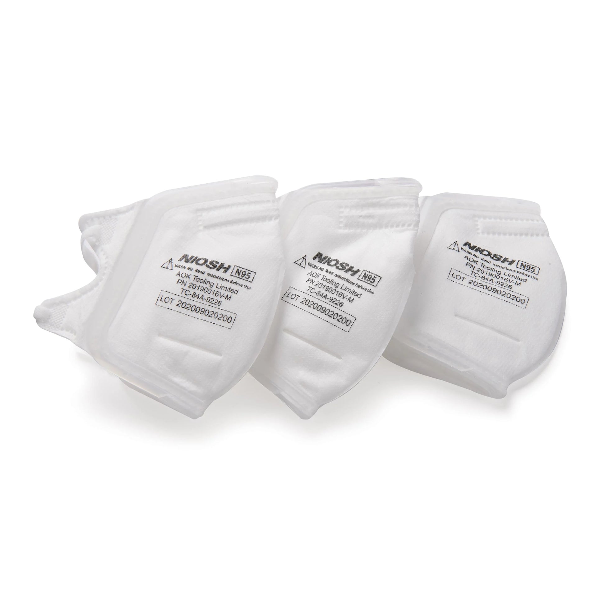 Three NIOSH-certified filter cartridges on a white background
