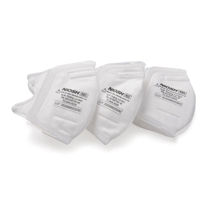 Three NIOSH-certified filter cartridges on a white background