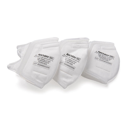 Three NIOSH-certified filter cartridges on a white background