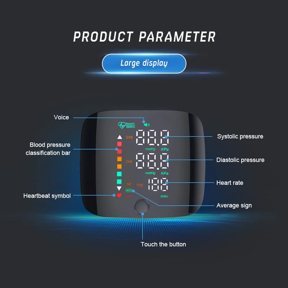 Digital blood pressure monitor with labeled display on a dark background

