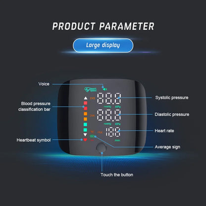 Digital blood pressure monitor with labeled display on a dark background

