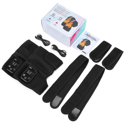 Black heating pads with digital displays, cables, and packaging on a white background


