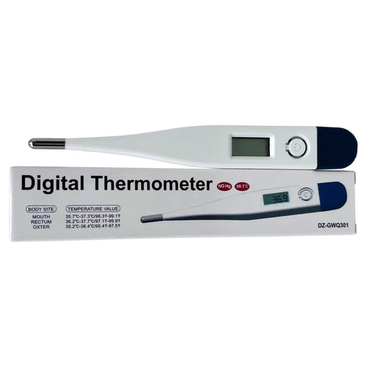 Digital thermometer with packaging on a white background