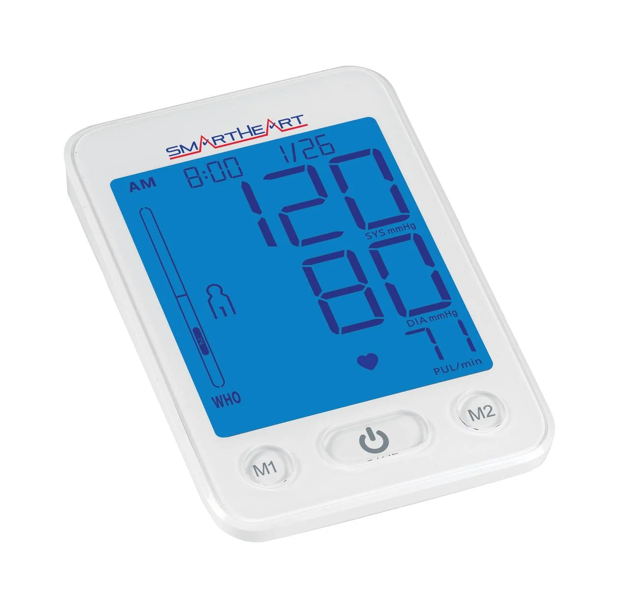 Digital blood pressure monitor with blue display on a white background