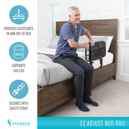 Man using an EZ Adjust Bed Rail in a bedroom setting with product features highlighted.

