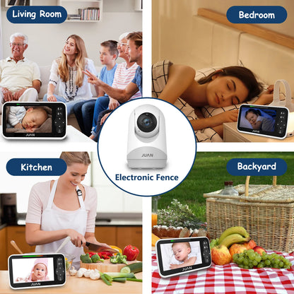 Collage of a baby monitor in various settings including living room, bedroom, kitchen, and backyard.