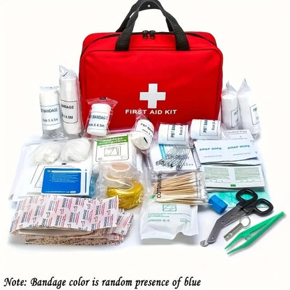 First aid kit with various supplies on a white background

