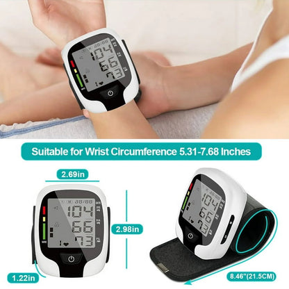 Digital blood pressure monitor on wrist with product details and compatibility information.

