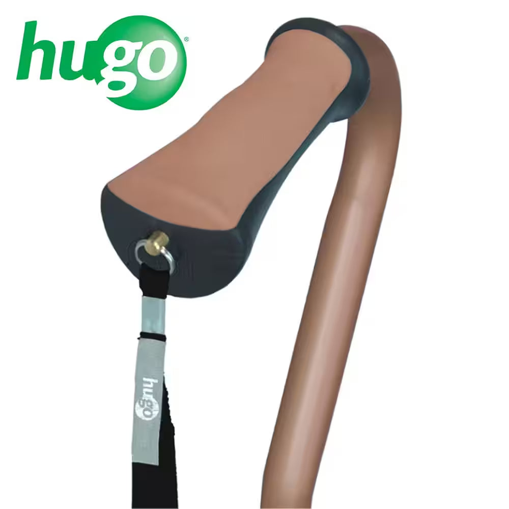 Hugo brand cane with brown handle and black grip on a white background


