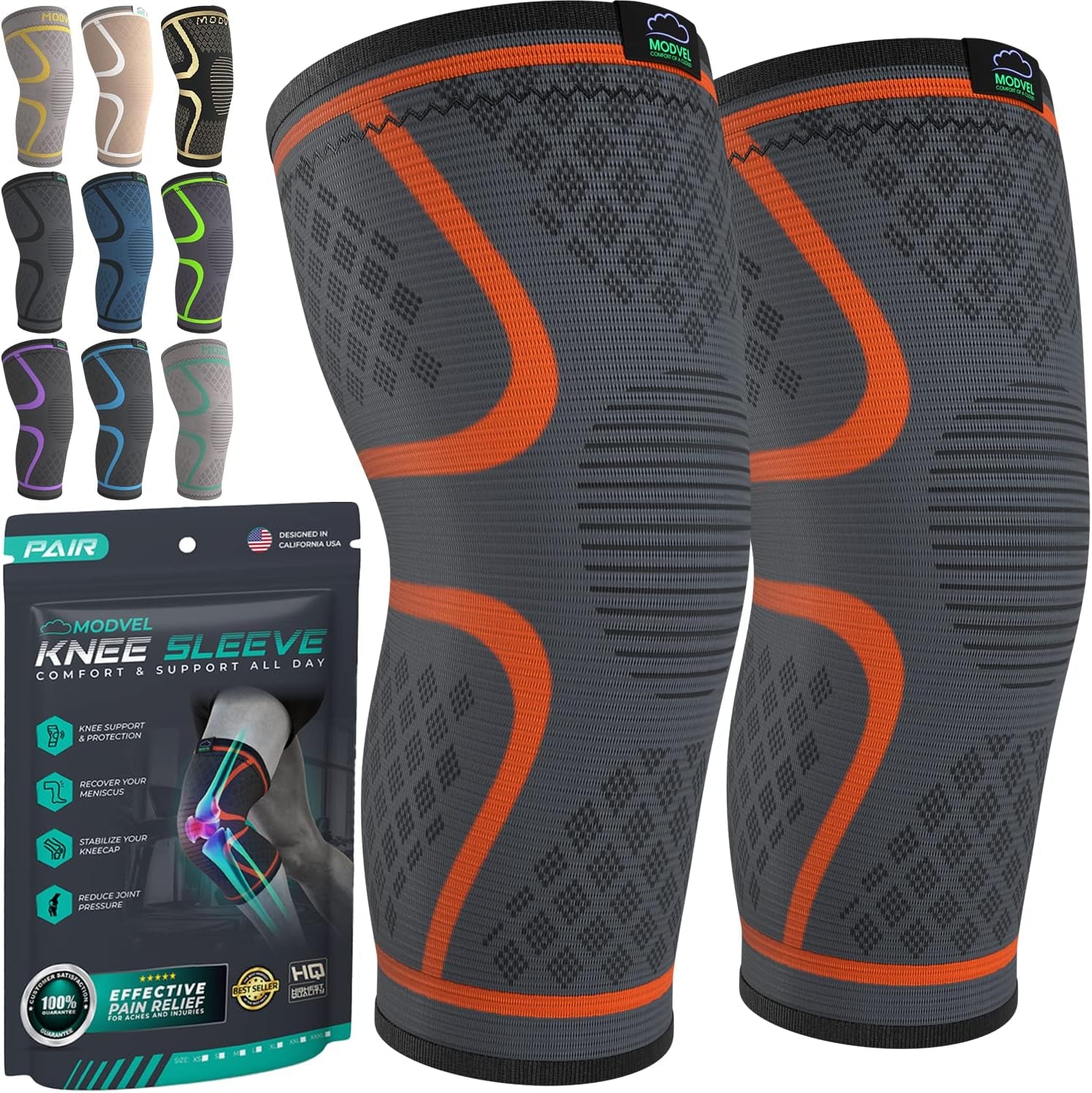 Gray and orange knee sleeves with packaging on a white background


