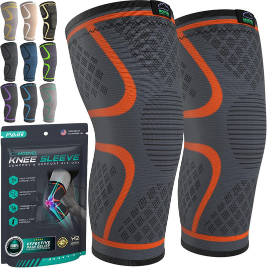 Gray and orange knee sleeves with packaging on a white background

