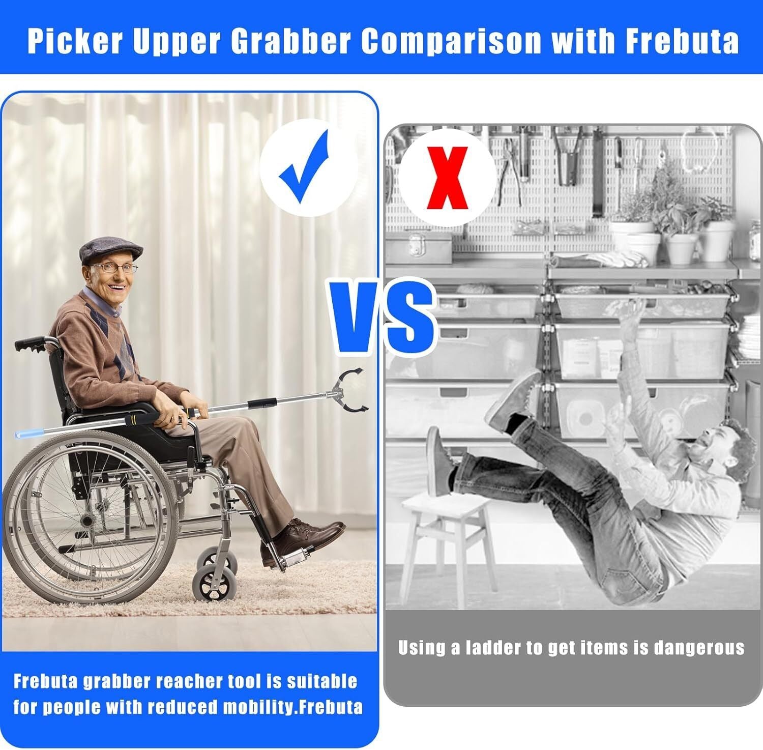 User picking up trash or reaching for items with Frebuta 53-inch grabber tool. Ideal for seniors and limited mobility.