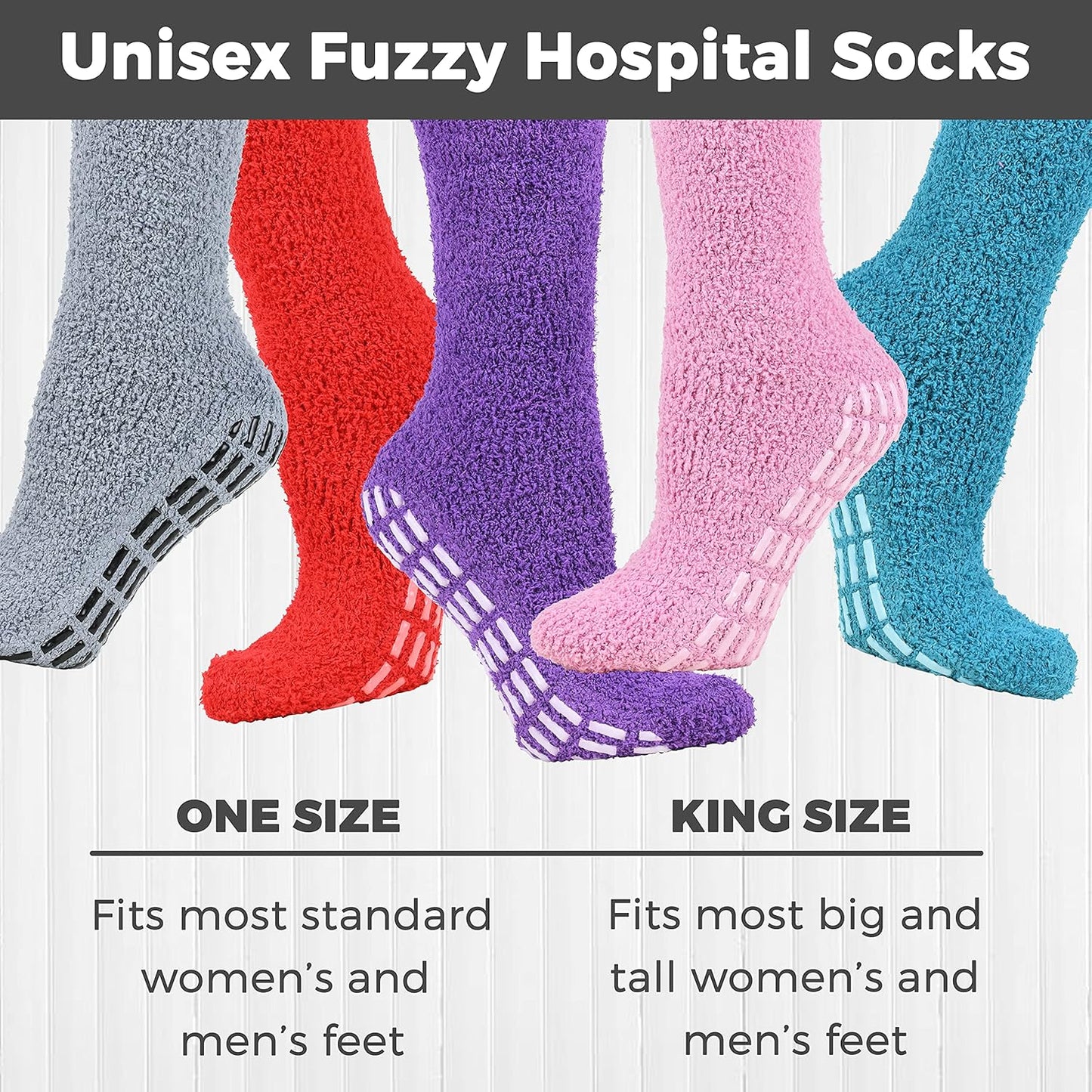 Unisex fuzzy hospital socks in various colors with size comparison text.