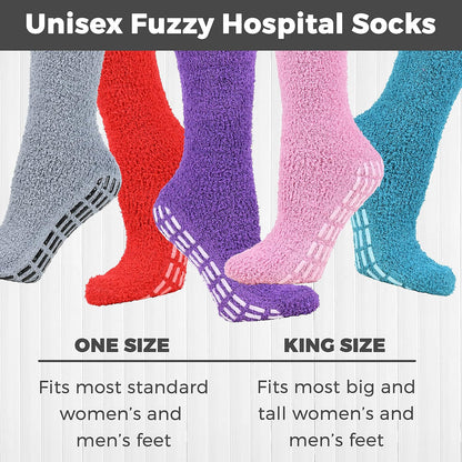 Unisex fuzzy hospital socks in various colors with size comparison text.