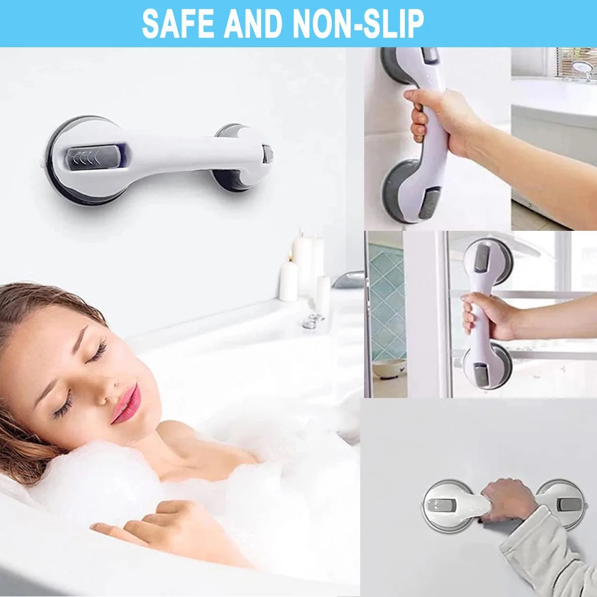Product showing a woman in a bathtub with safety handles and text 'Safe and Non-Slip'.

