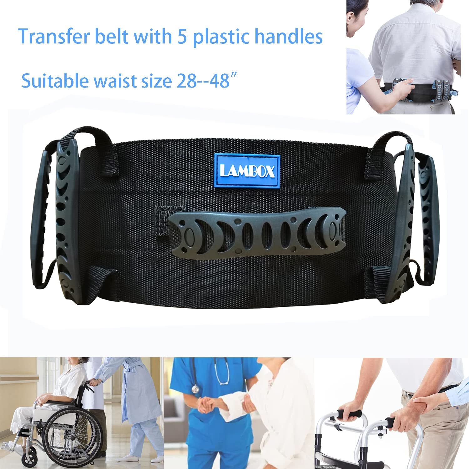 Black transfer belt with 5 plastic handles and LAMBOX branding, suitable for waist sizes 28-48”.

