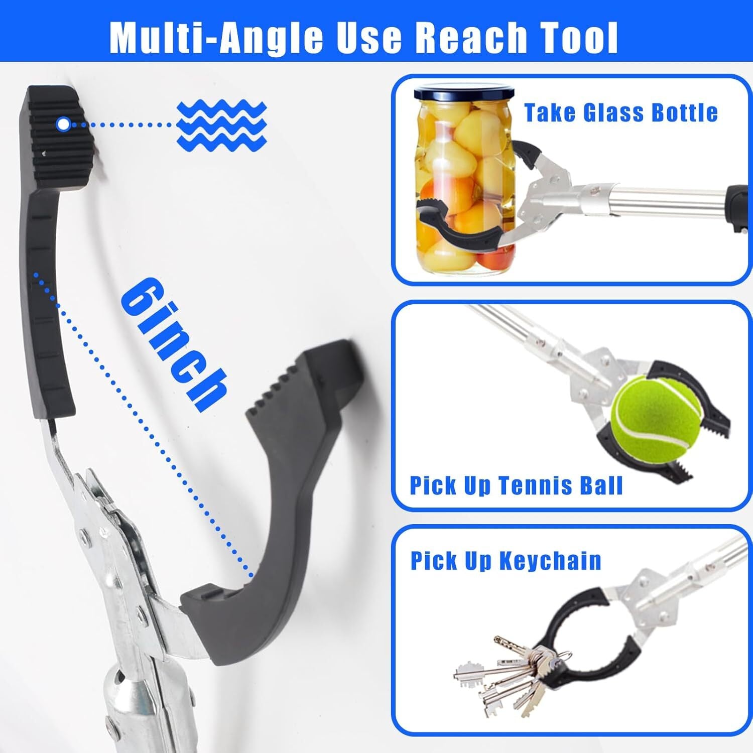 Close-up of Frebuta grabber tool showing anti-slip gripping jaw and contoured ergonomic handle.