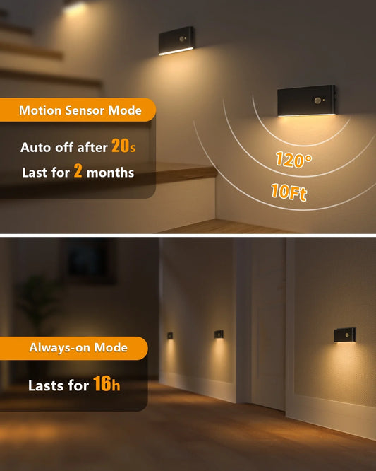Stair Lights Indoor, Rechargeable Motion Sensor Night Lights, Battery Operated, Warm White, Wireless Stick on Light for Hallway Entry Stairs Bathroom Kitchen Garage Laundry, 6 Pack