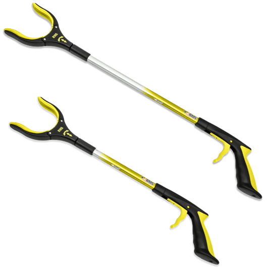 Two extendable grabbers with black and yellow handles on a transparent background
