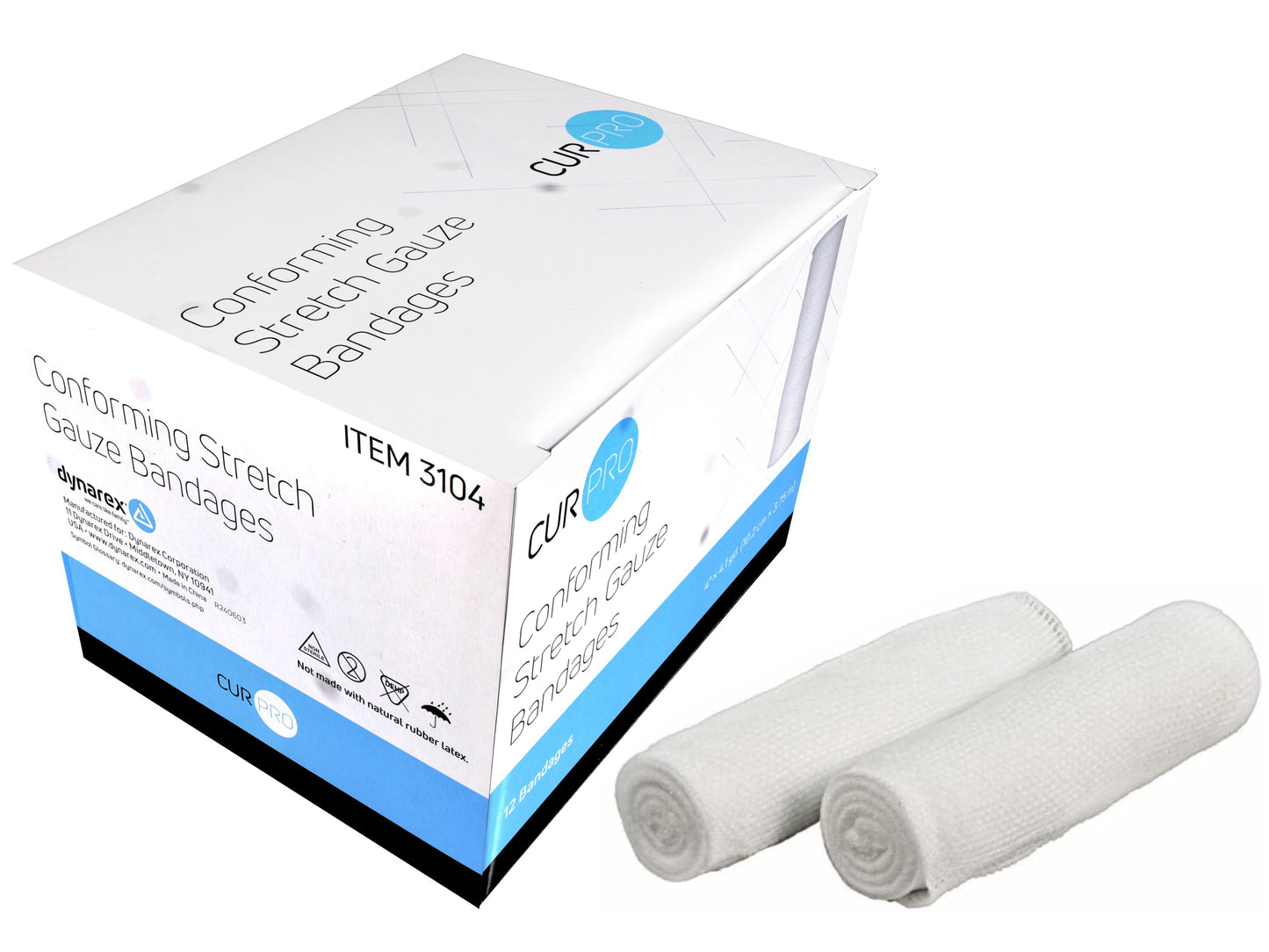 Box of conforming stretch gauze bandages with two rolls on a white background

