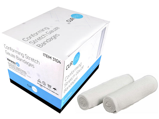 Box of conforming stretch gauze bandages with two rolls on a white background

