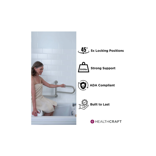 Woman using a grab bar in a bathtub with Healthcraft product features listed.
