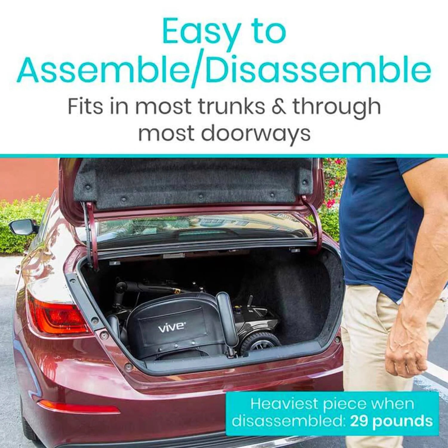 Car trunk with a product inside, labeled 'Vive', and text about assembly and weight.