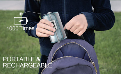 Person holding a portable device next to an open backpack with text indicating '1000 Times' and 'Portable & Rechargeable'.

